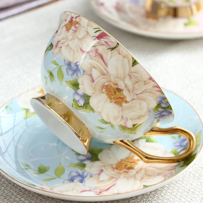 Elegant Gold Ceramic British Style Afternoon Tea Dessert Flower Tea Cup and Saucer Coffee Cup With Gold Handle office mug