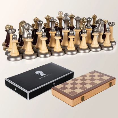 High-grade Solid Beechwood Wood Chessboard International Chess Set 34 Pieces Metal Chess Pieces