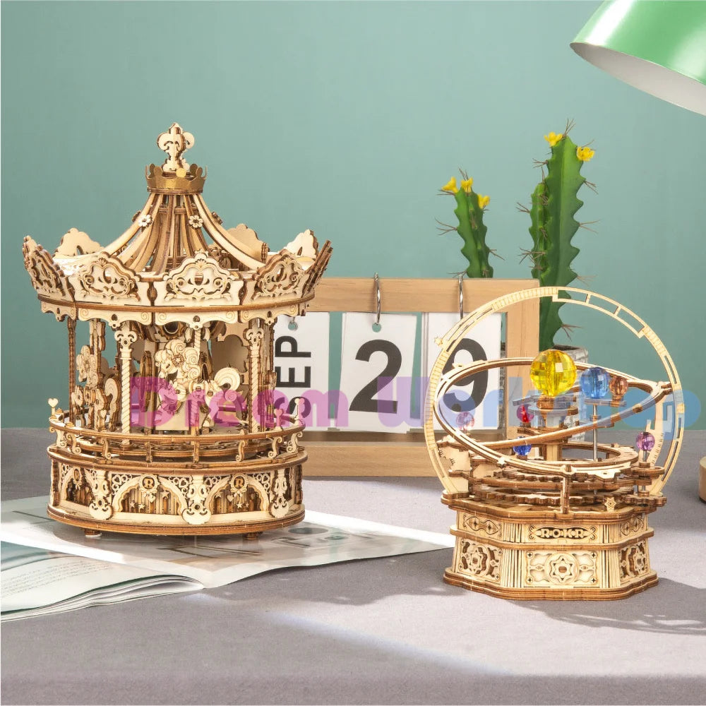 DIY Assemble Music Box 3D Wood Puzzle Assemble Model Construction Kit for Kids Birthday Gift Music Box Handmade Puzzle