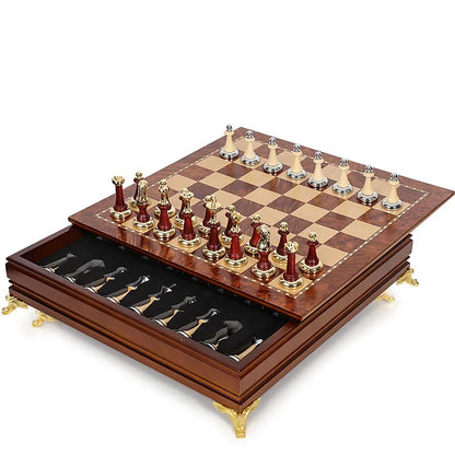 Deluxe Classic Chess Set Wooden Chessboard Metal Imitation Jade Chess Pieces