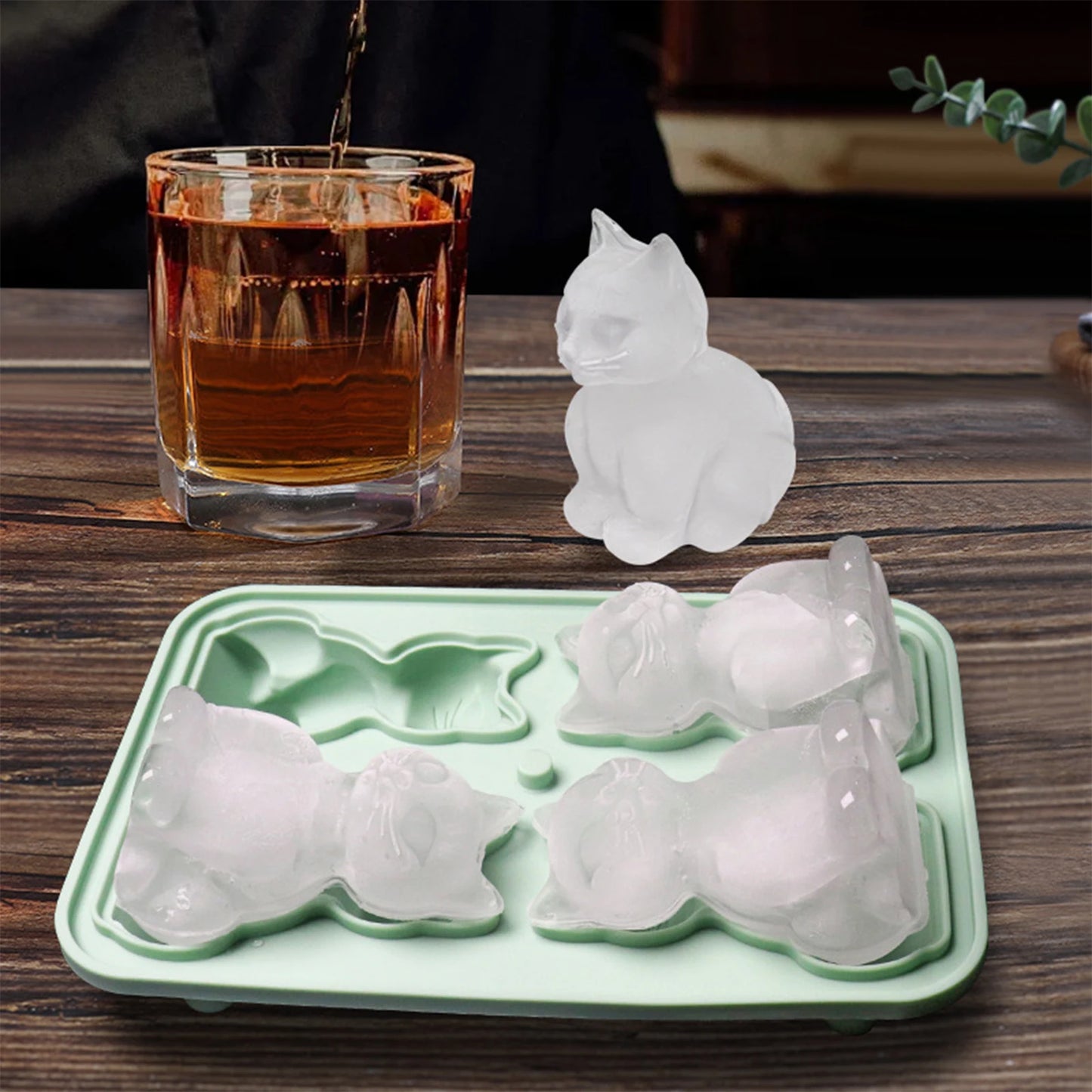 3D Cat Ice Cube Mold With Funnel Silicone 4 Cavity Cat Ice Cube Trays For Whiskey Wine Cocktail Ice Cube Maker Chocolate Mould