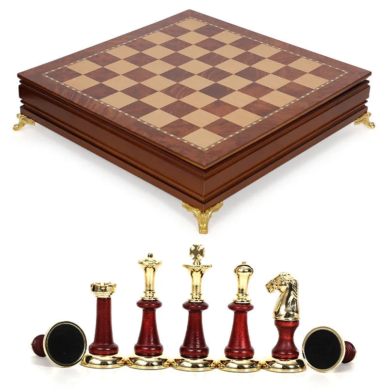 Deluxe Classic Chess Set Wooden Chessboard Metal Imitation Jade Chess Pieces