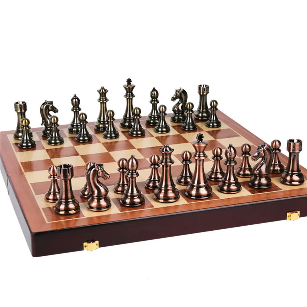 52x52cm; High Grade, Luxury Wooden Chess Board; Bronze Metal Chess Pieces