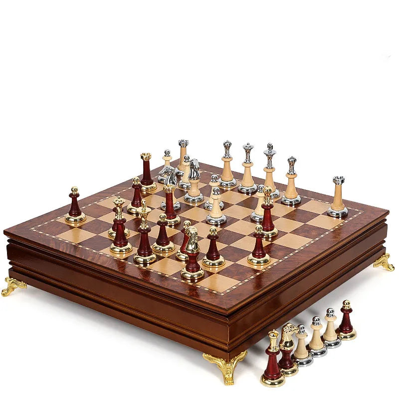 Deluxe Classic Chess Set Wooden Chessboard Metal Imitation Jade Chess Pieces